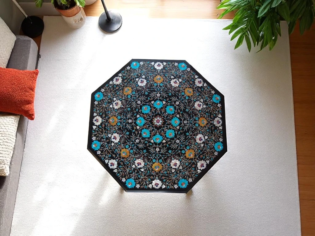 Luxury Black Marble Coffee Table with Floral Pietra Dura Inlay